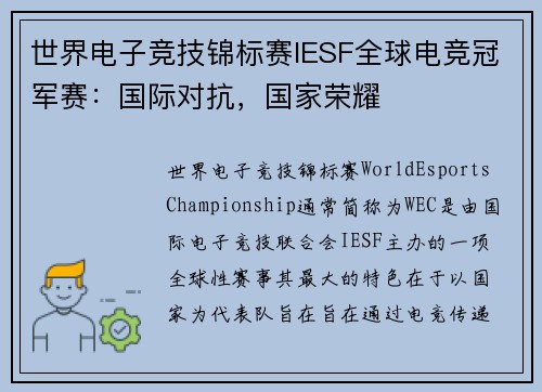世界电子竞技锦标赛IESF全球电竞冠军赛：国际对抗，国家荣耀